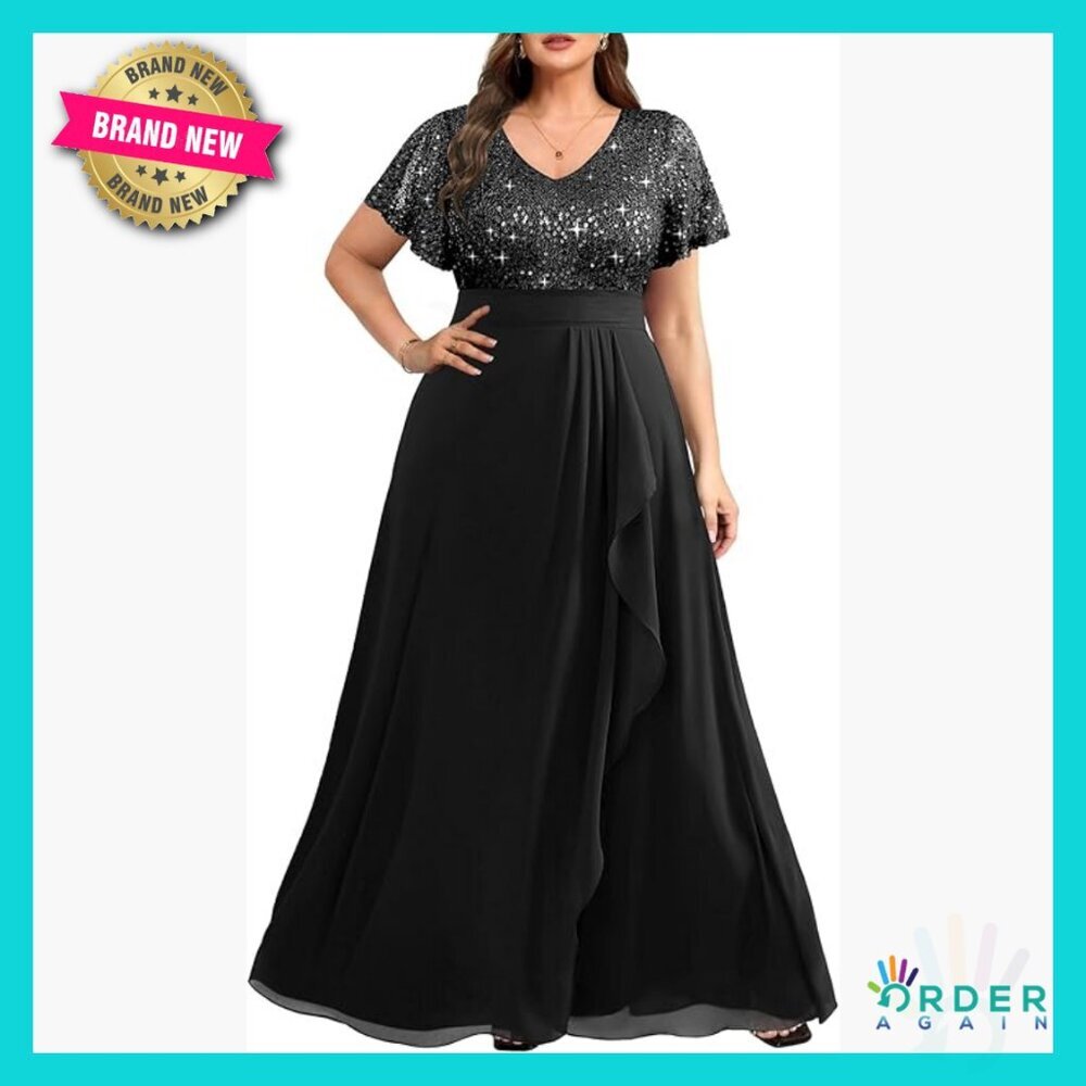 Sequin Formal Evening Gown Elegant V-Neck A-Line Floor Length Party Dress